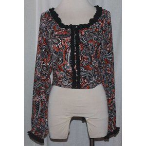 Junior's Black & Orange Ruffle Open Back w/ Tie Long Sleeve Crop Top Size XL